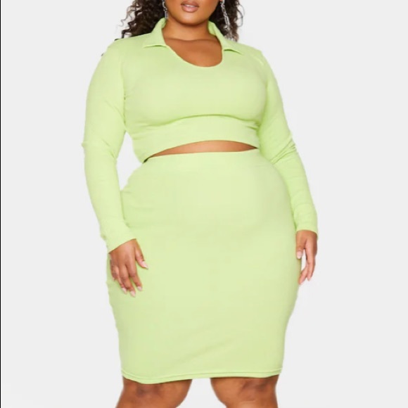 Lime Neon Rib Sweater MIdi Skirt + Crop Top Set - Picture 1 of 2